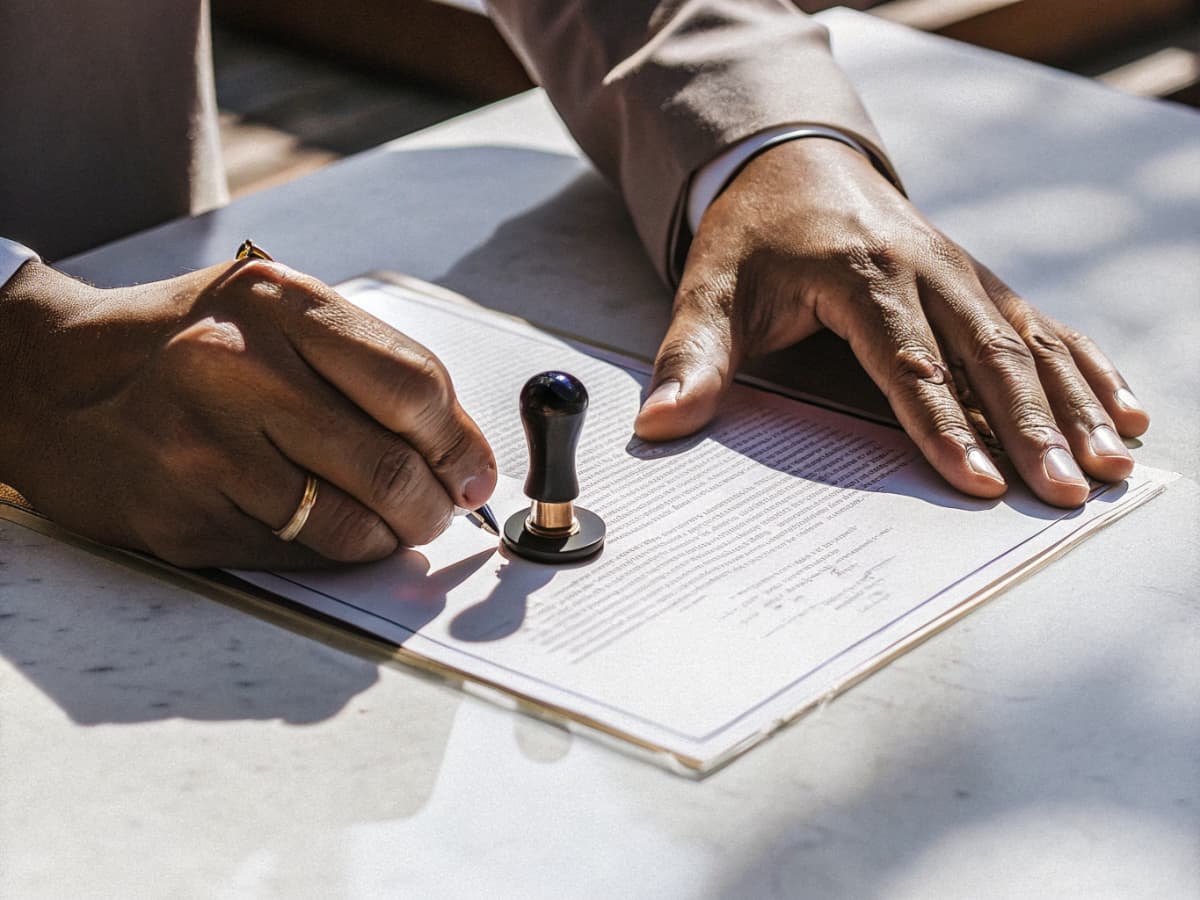 Hands applying notary seal to a legal document on marble desk