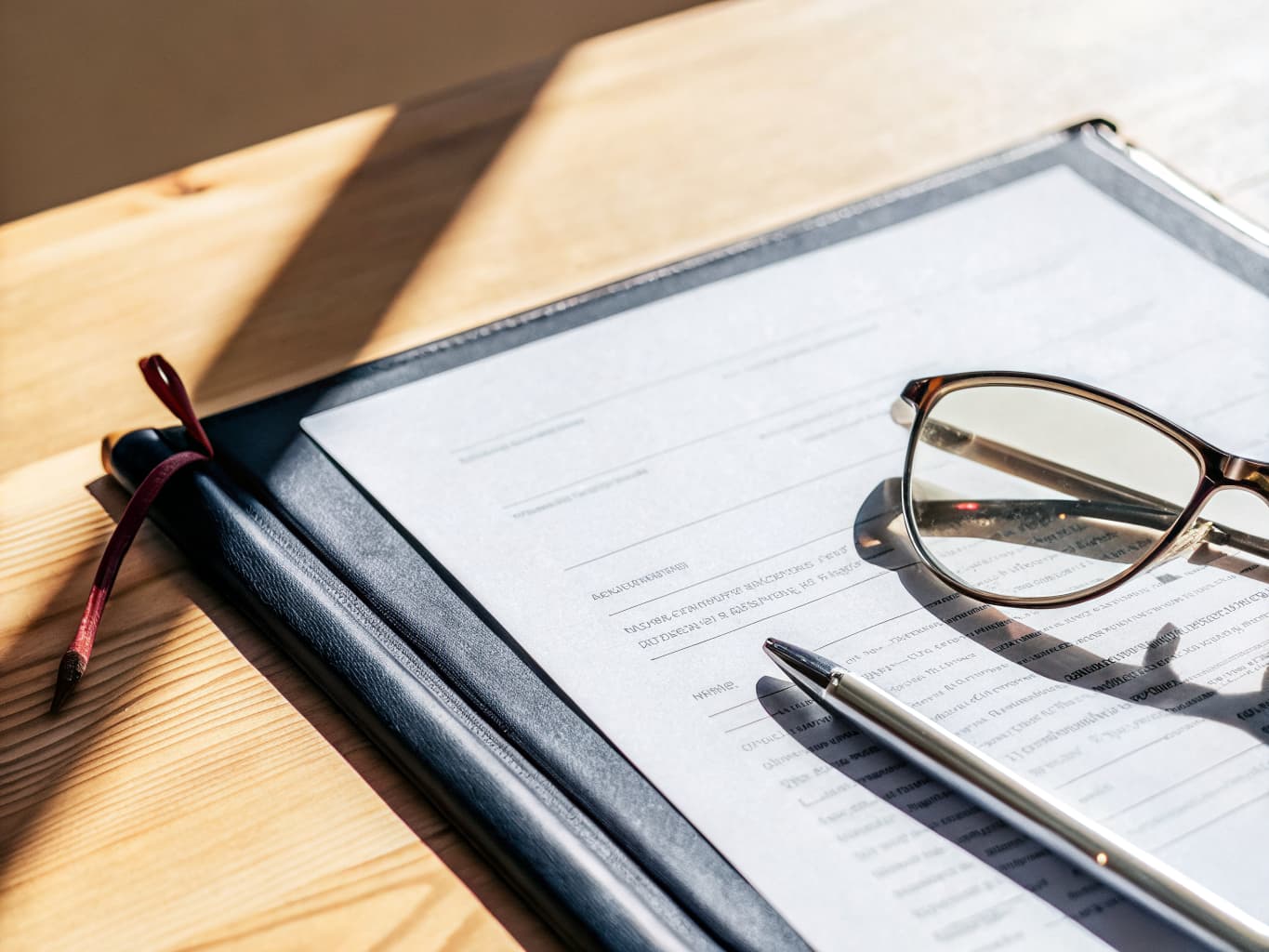 Estate planning trust documents with pen and reading glasses